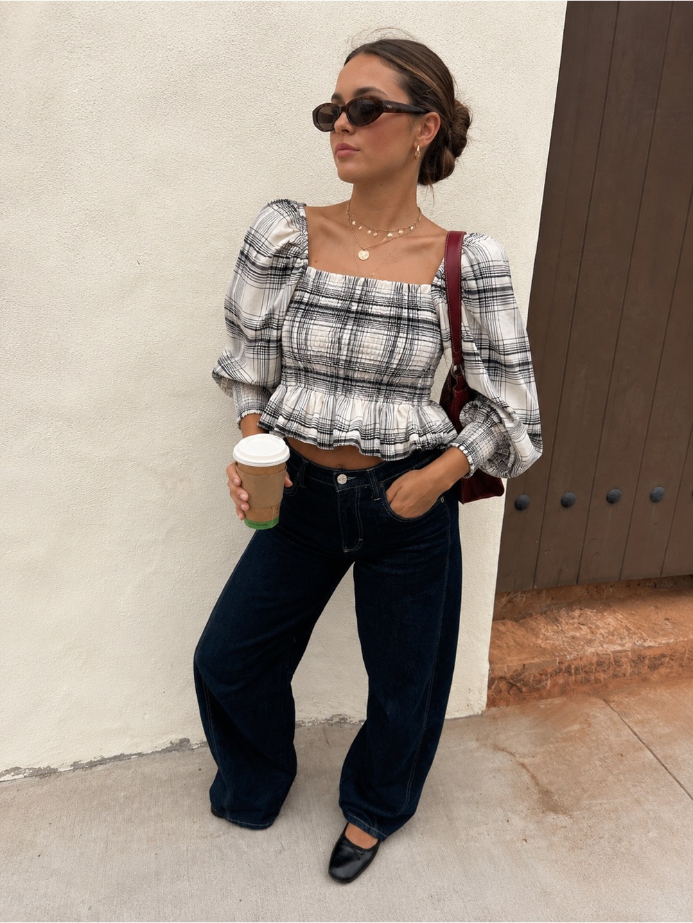 Zara Plaid Smocked Peplum Long Balloon Sleeve Top Cream & Grey Small prairie